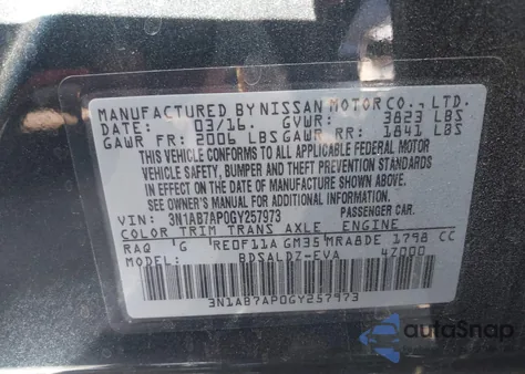 2016 Nissan Sentra S/Sv/Sr/Sl из США, поврежденный, VIN 3N1AB7AP0GY257973